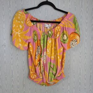 C&C California Womens M Top Off Shoulder Crinkle Peasant Tropical Fruit Hawaiian